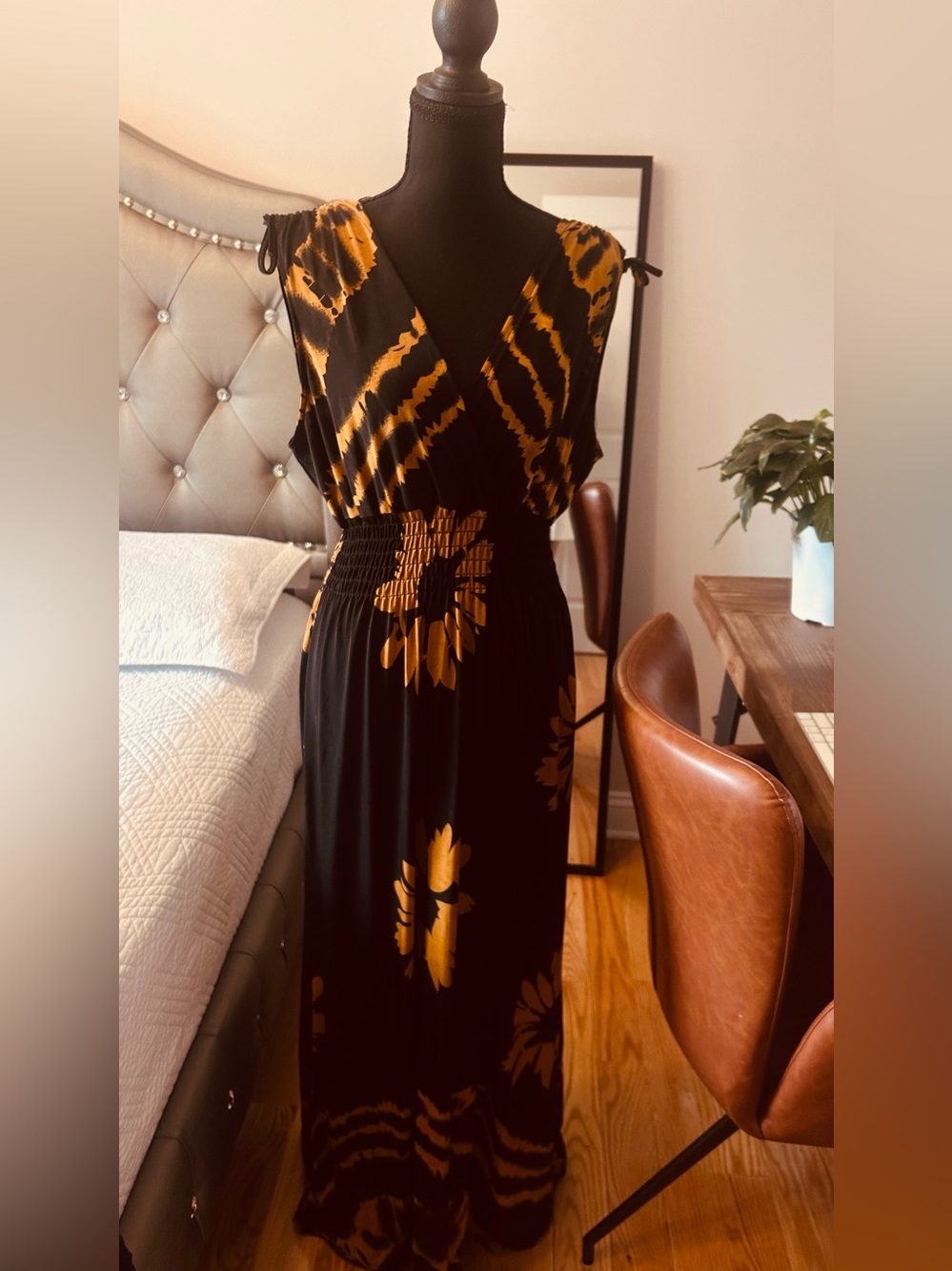 Black and Gold Floral Tie-Shoulder Maxi Dress